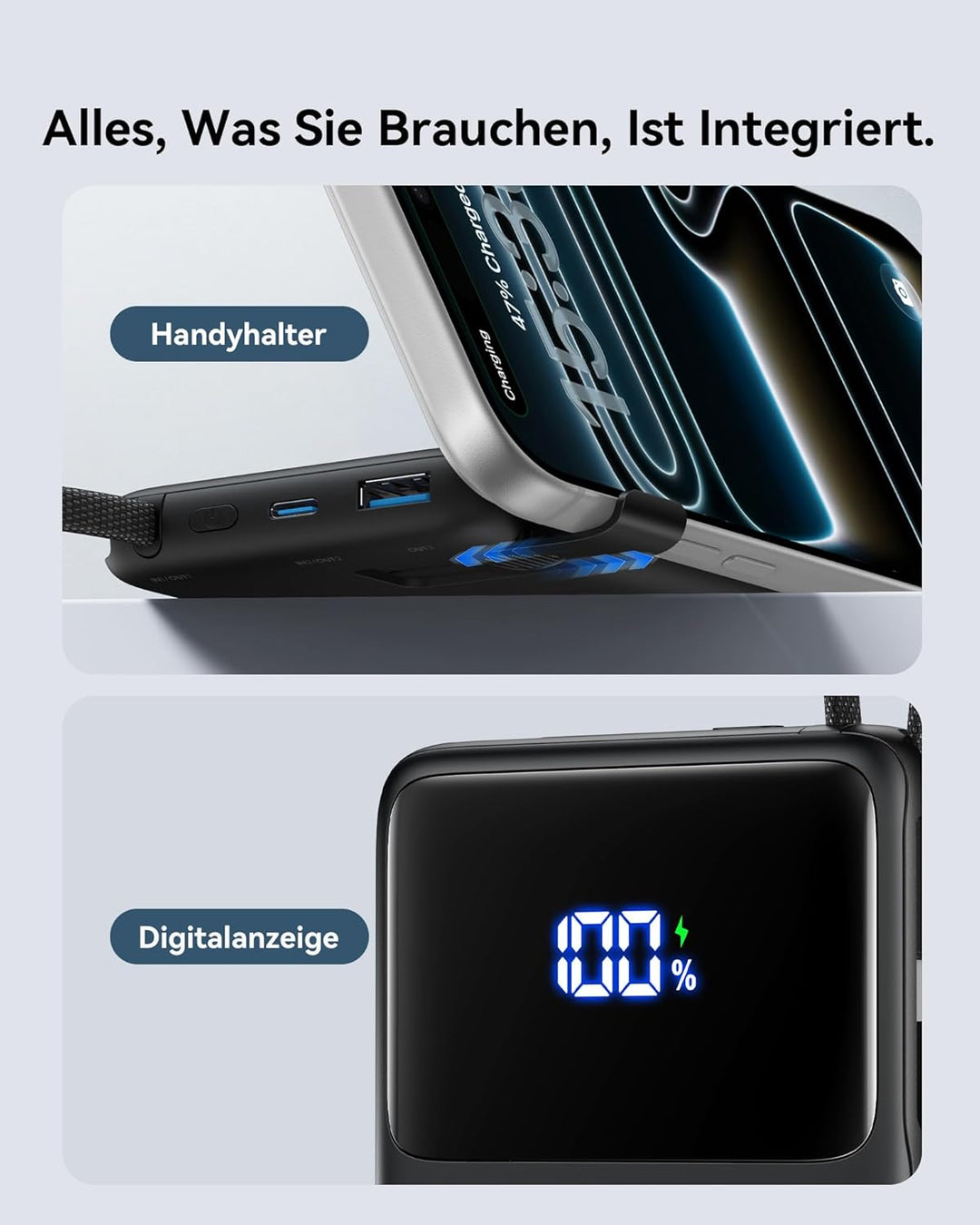 INIU 45W Power Bank, Ultra-dünn 10000mAh Externe Handyakkus mit Integriertem USB-C Kabel, Schnelllad