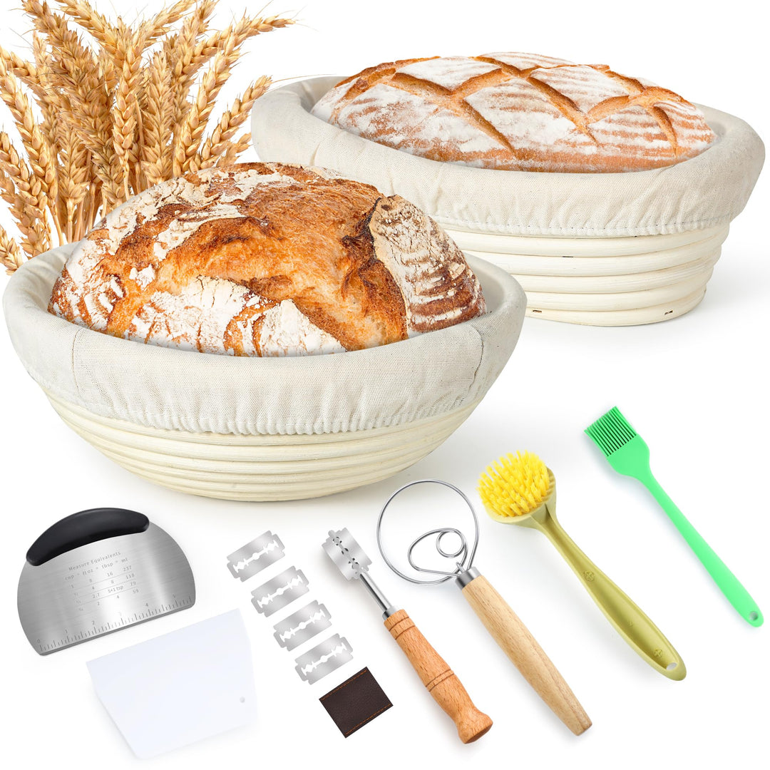 Brot Gärkorb Set, Gärkörbchen zum Brotbacken, 23cm Rund & 25cm Oval Brotkörbchen aus Natürlichem Rat