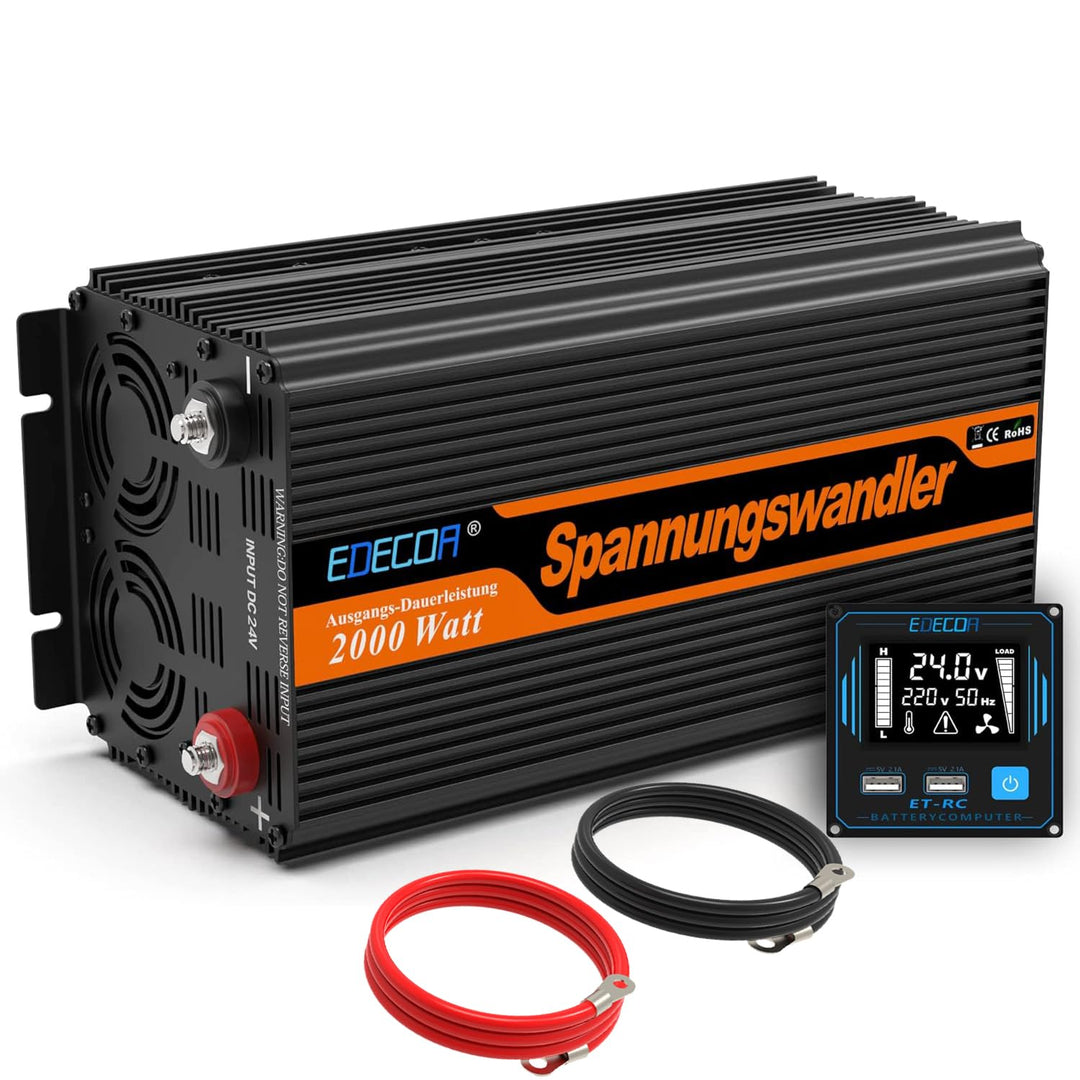 EDECOA Wechselrichter 2000w 24v 230v Spannungswandler mit Neuer Fernbedienung 2X USB und Bildschirm