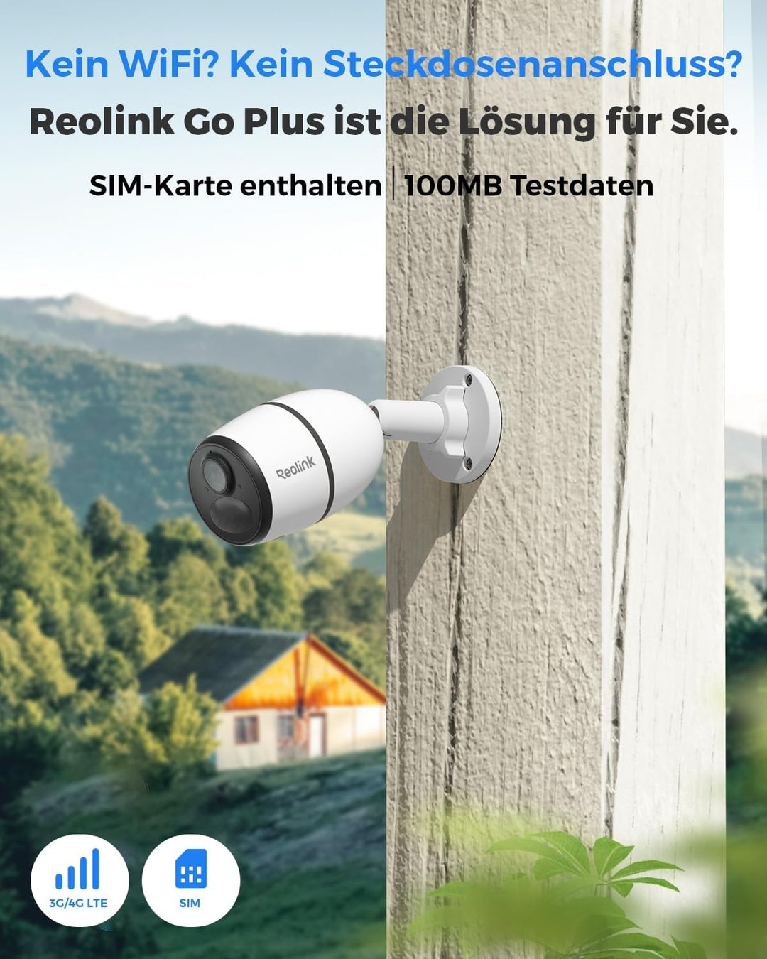Reolink Go Plus 3G/4G LTE Überwachungskamera Aussen Akku, 2K 4MP HD mit SIM-Kartenslot, Personen-/Au