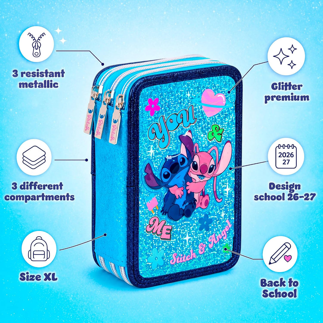 Stitch &amp; Angel 3D-Glitzer-Etui (2026–2027) mit 3 Reissverschlüssen – Luxuriöses Mäppchen mit 3 Fäche