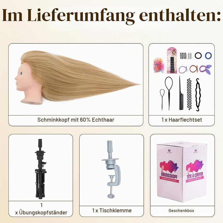 Neverland Frisierkopf Übungskopf mit Ständer 60% Echthaar Puppenkopf zum Frisieren Trainingsköpfe fü