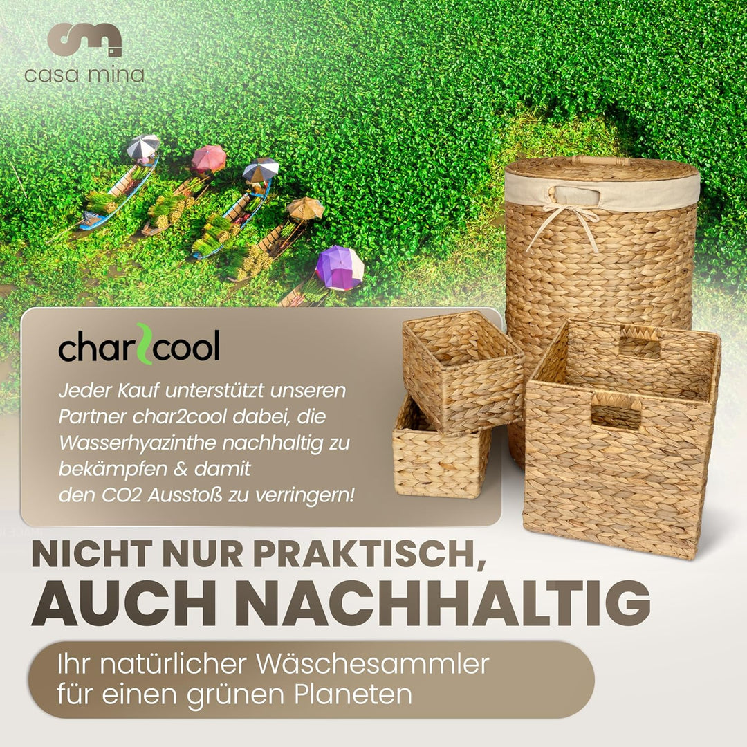 Casa Mina® Wäschesammler mit Deckel D35 x H55cm hoch I Atmungsaktiver Wäschekorb geflochten aus 100%