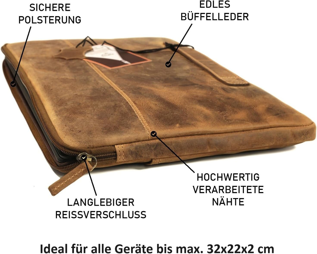 Fa.Volmer ® 13,3/15,6 Zoll Laptop Hülle aus edlem Leder - braun/schwarz - mit Metall-Reissverschluss