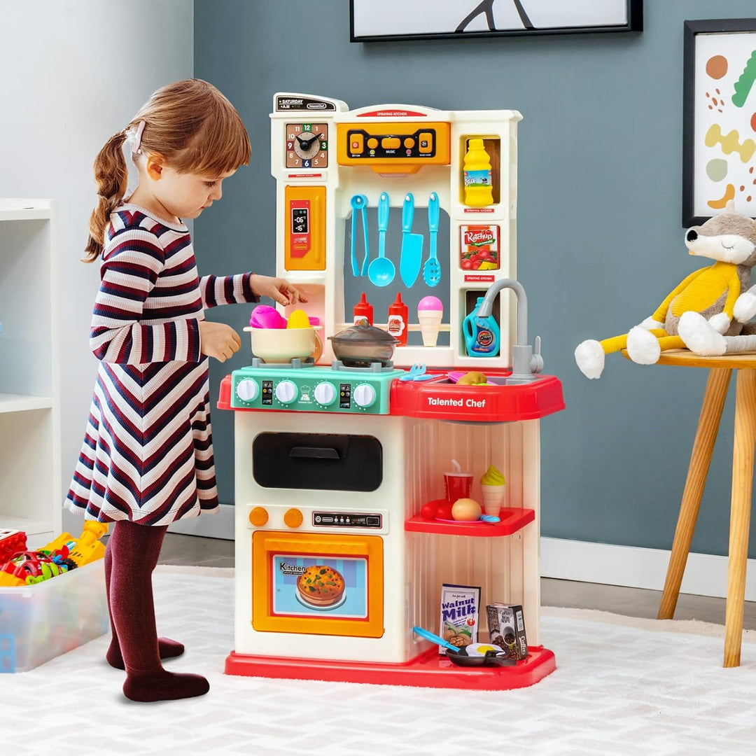 COSTWAY 65 TLG. Kinderküche mit Lichter, Musik und Sound, Spielküche inkl. Zubehör, Kinderspielküche
