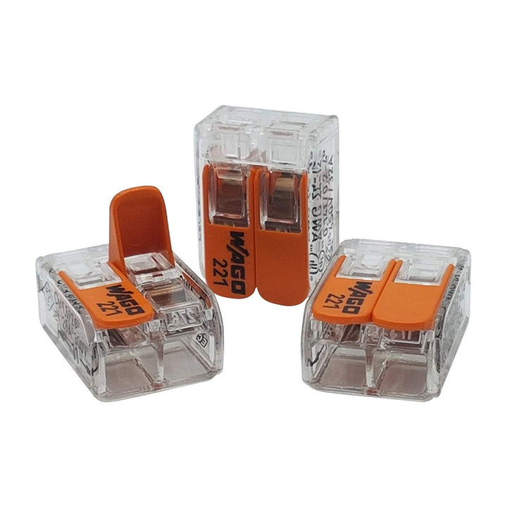 WAGO 50 Stück 221-412 Verbindungsklemme, 2-adrig, mit Hebel, 0,2-4qmm kleine Form, transparent 1 2 F