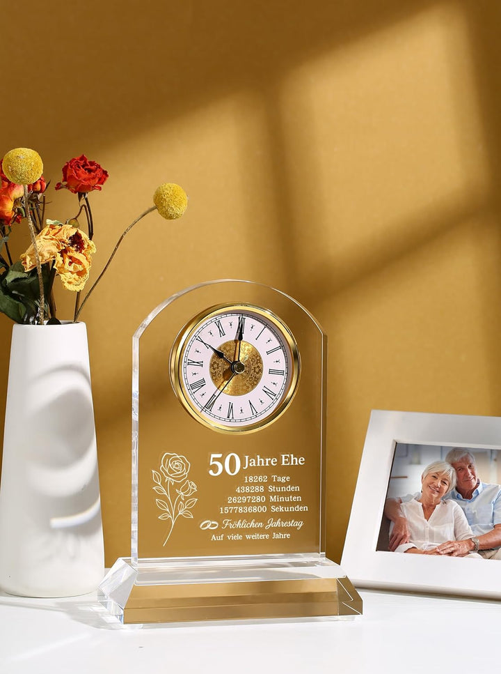 DEEWISH Goldene Hochzeit 50 Jahre Ehe Schreibtischuhr Quarzuhr, edles Geschenkset mit Geschenkbox un
