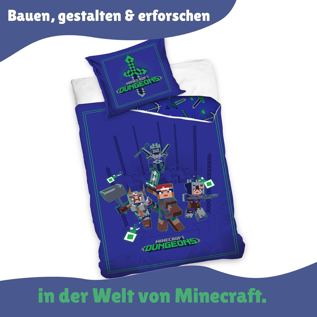 Minecraft Bettwäsche Set für Jungen · Kinderbettwäsche 135x200 80x80 cm aus 100% Baumwolle · Motiv m