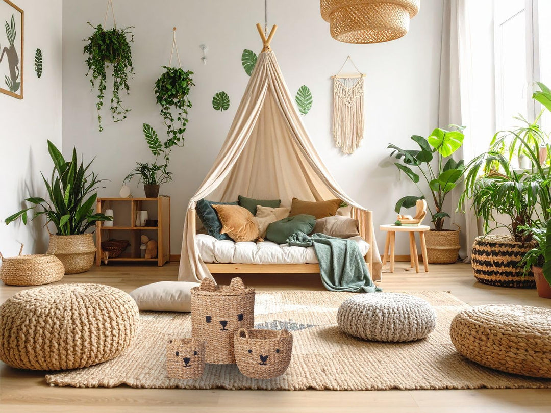 Aufbewahrungskorb mit Deckel Seegras Bär Spielzeugkorb Boho Kinderzimmer 3-er Set