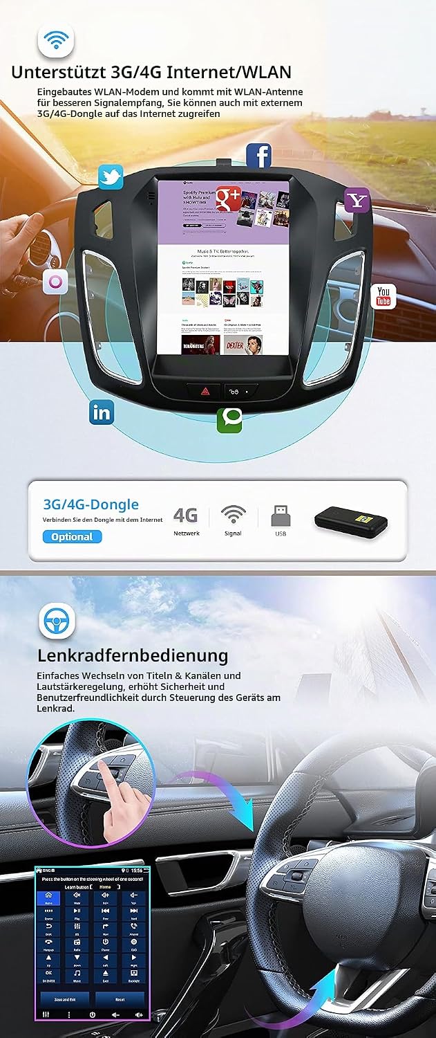 6G+128G Octa-Core | Android 16 Autoradio für Ford Focus MK3 (2012-2017) Radio GPS Navigation - Kabel