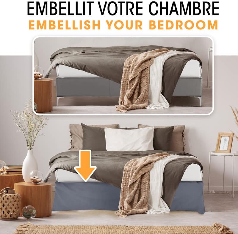 Betthusse 200x200 Grau - 4 Rüschen von 30 cm für Erwachsenenbett – Bettrock 200 x 200 cm, Lattenrost