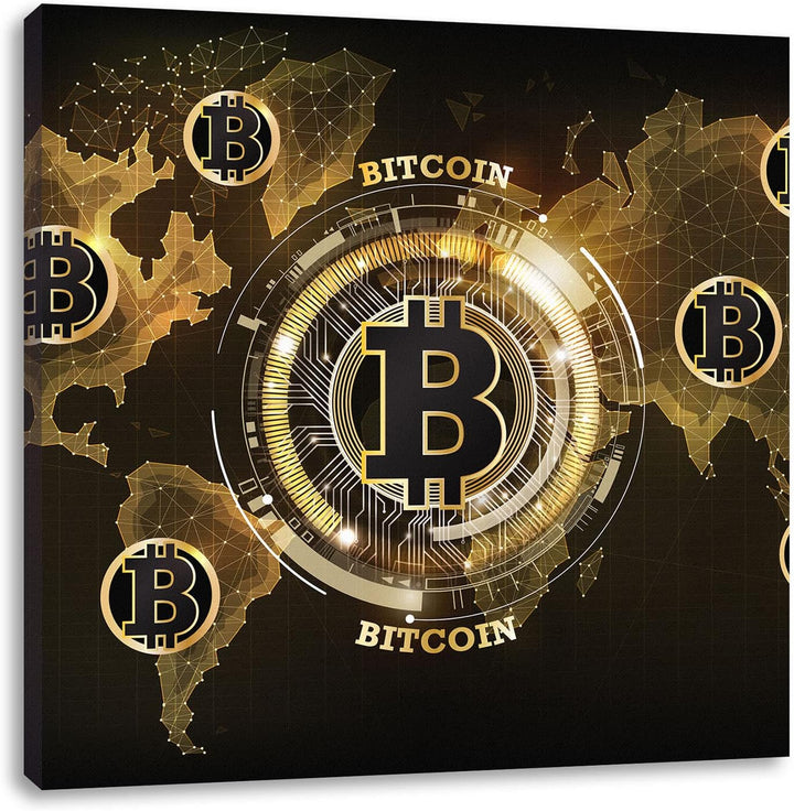 Pixxprint Weltkarte des Bitcoin BTC als Leinwandbild Quadratisch| Grösse: 70x70 cm | Wandbild | Kuns