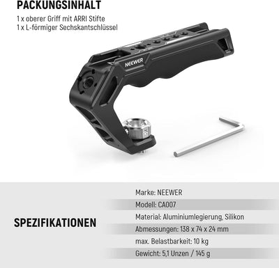 NEEWER Top Handle Oberer Kameragriff mit 3/8" ARRI Locating Schraube, komfortabler Silikongriff mit