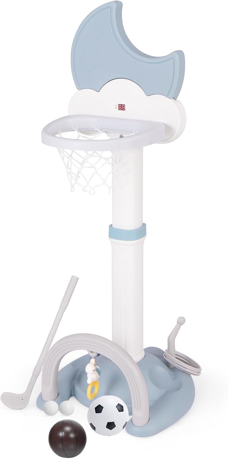 HOMASIS 4 in 1 Kinder Basketballkorb Set, multifunktional Basketballständer mit Fussballtor & Golf &