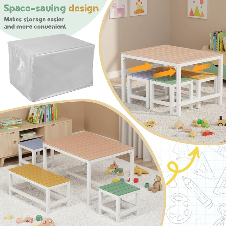 MAMIZO Kindertisch Pappelholz Massivholz, Kinder Tisch Stuhl Set Garten mit wasserdichte Abdeckung,