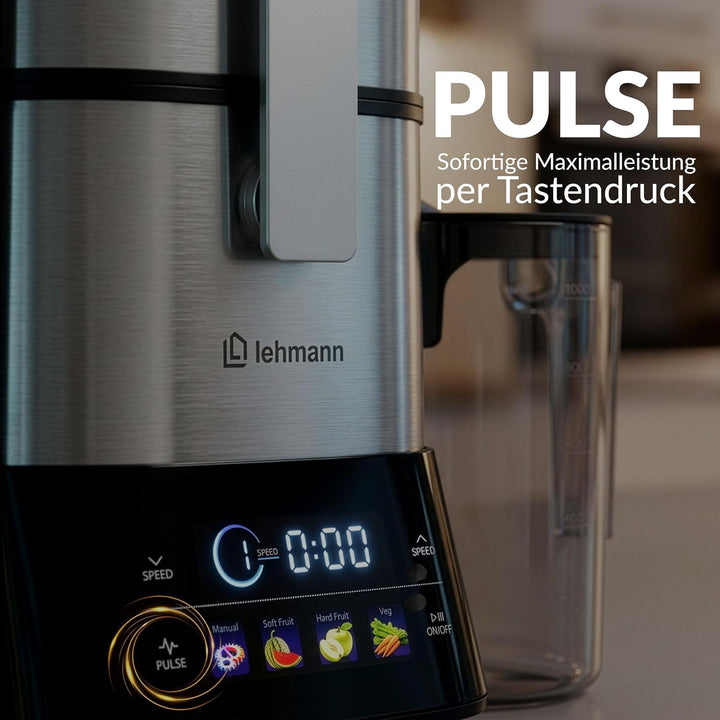 LEHMANN Entsafter für Obst und Gemüse, Edelstahl, XXL Einfüllschacht 80 mm, LED-Touchscreen, 6 Gesch