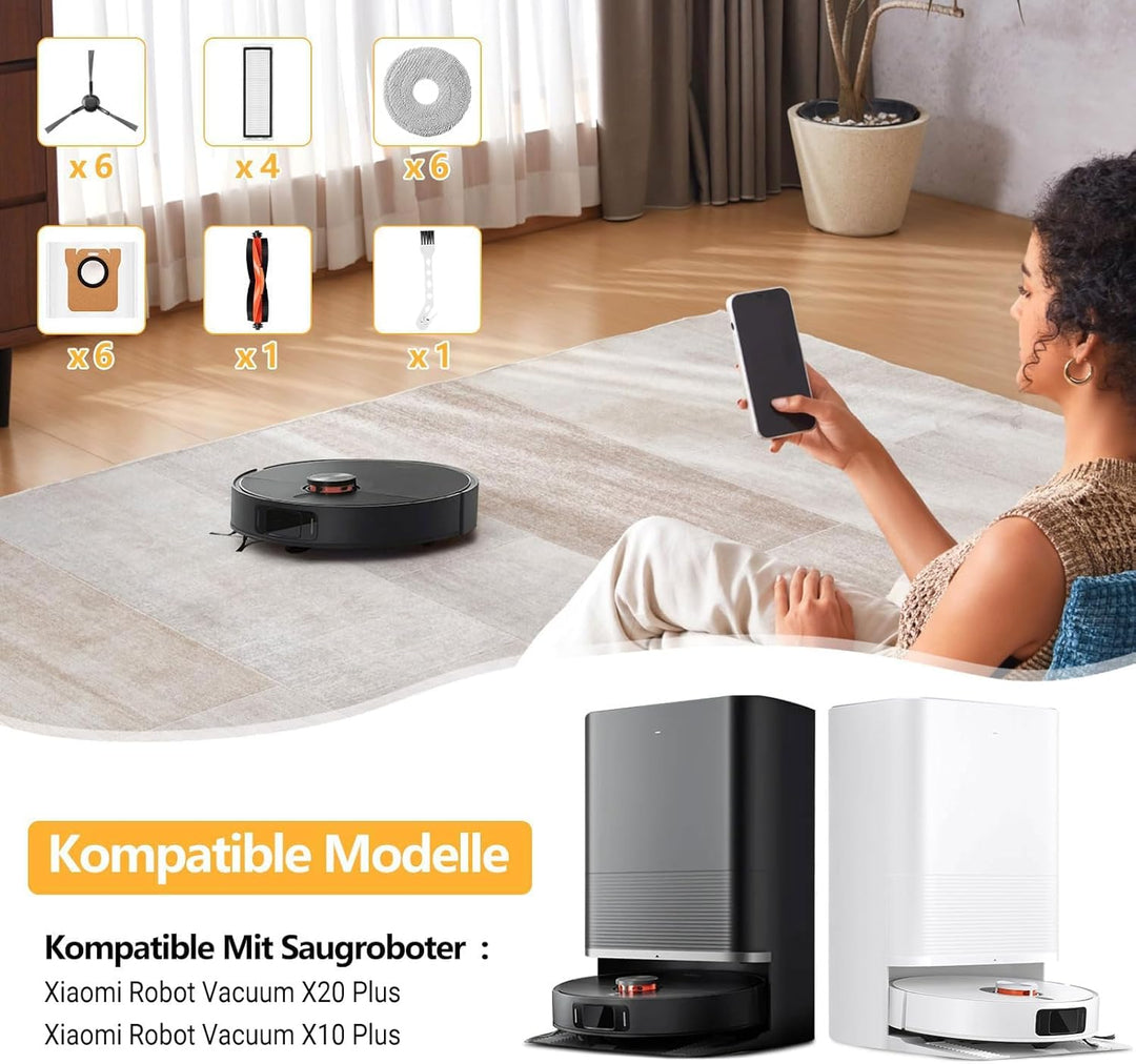 24 Stück Zubehör für Xiaomi X20 Max / X20 Pro Saugroboter, 6 Staubbeutel 6 Wischpad 1 Hauptbürste 6