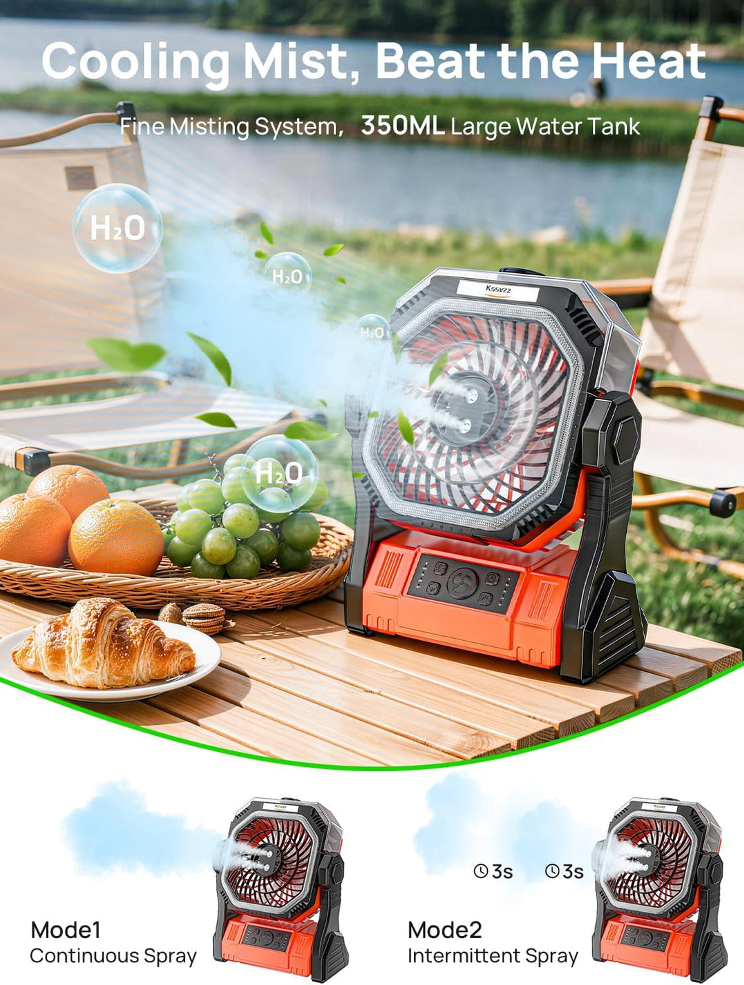 Camping Ventilator mit Wasserkühlung, 20000mAh Ventilator Akku Leise mit LED Licht, USB Tragbarer Ze
