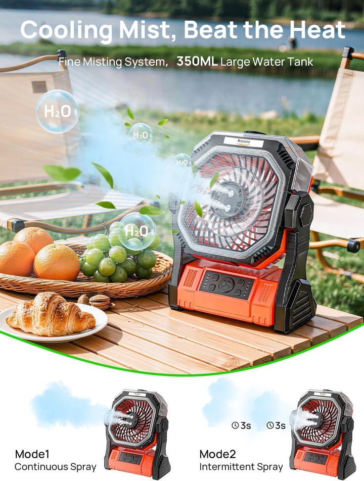 Camping Ventilator mit Wasserkühlung, 20000mAh Ventilator Akku Leise mit LED Licht, USB Tragbarer Ze