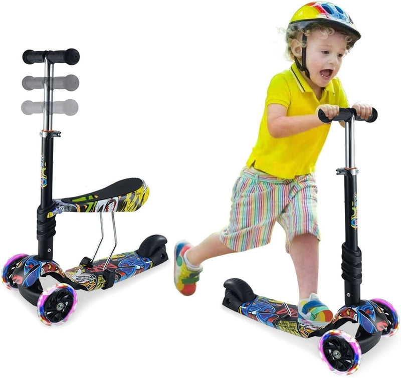 3-in-1 Kinder Roller Scooter mit Abnehmbarem Sitz und LED Leuchträdern Rollen|Höhenverstellbarer Kin