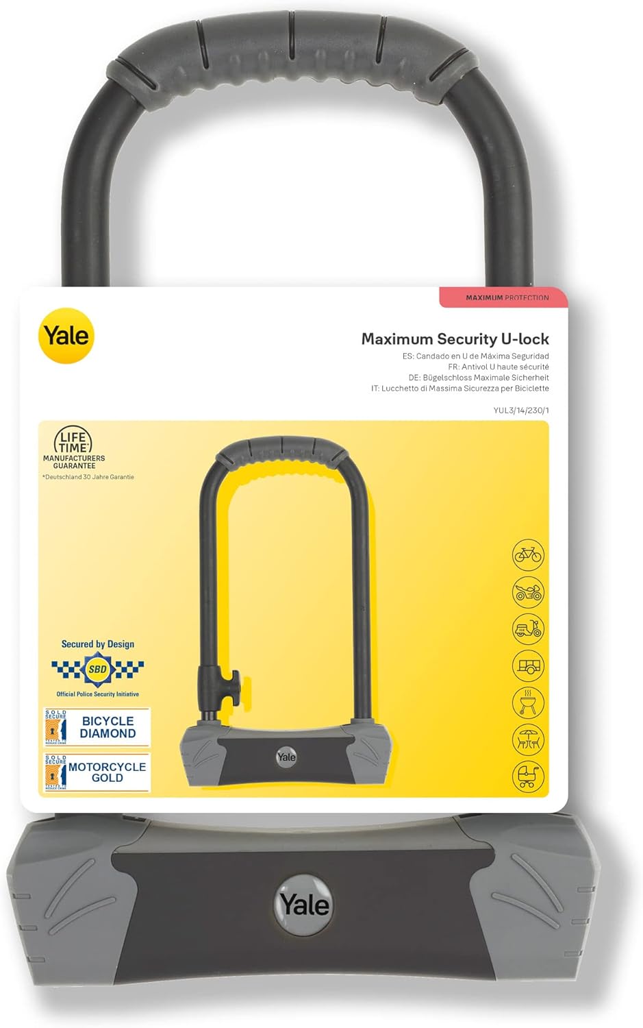 Yale Max Security Bügelschloss - YUL3/14/230/1 - 230 mm - Ultra gehärteter Bügel und Crossbar - 4-Sc