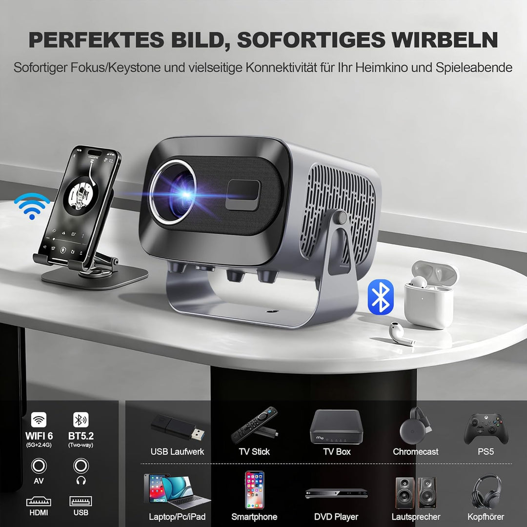 Mini Smart Beamer 4K Heimkino, Unterstützt 1080P, Tragbarer Projektor mit WiFi 6 und Bluetooth 5, El