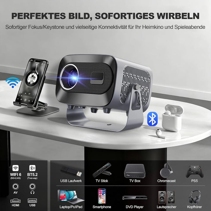 Mini Smart Beamer 4K Heimkino, Unterstützt 1080P, Tragbarer Projektor mit WiFi 6 und Bluetooth 5, El