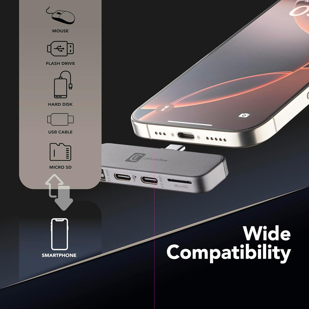 Cellularline Smartphone HUB – USB-C-Adapter mit 4 Anschlüssen (USB, 2X USB-C, Micro SD), Kompatibel