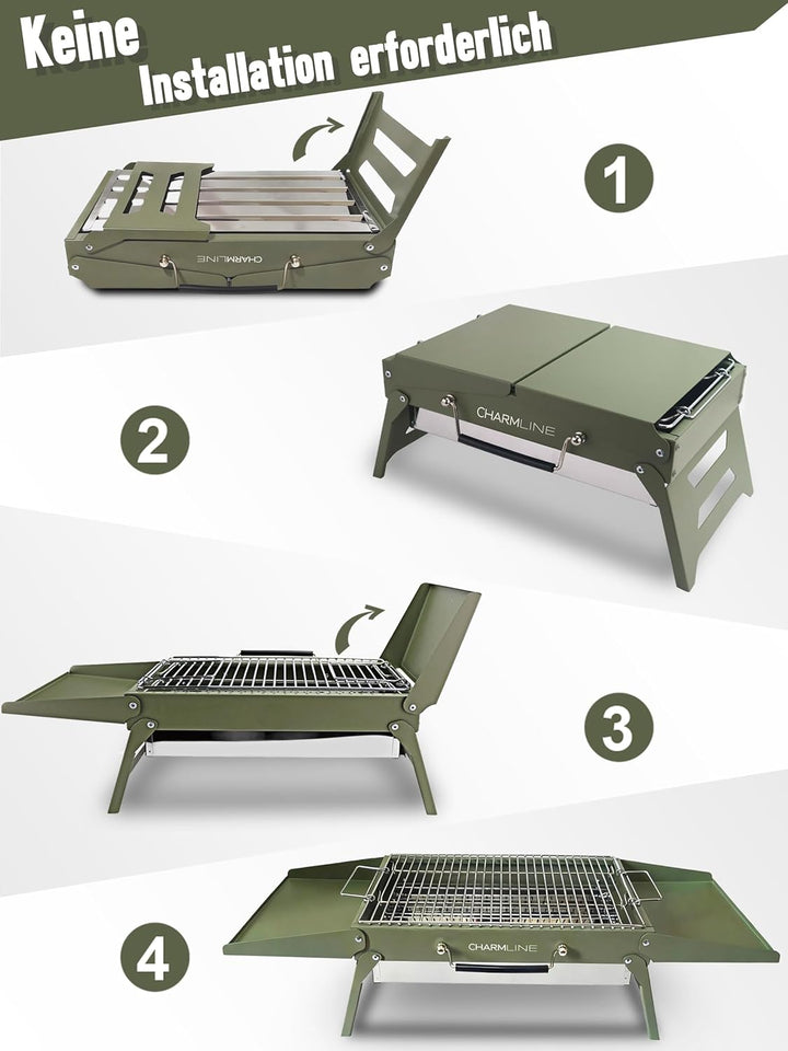 Charmline Tragbarer Holzkohlegrill, Klappbarer Campinggrill 39 x 27 cm für 2–4 Personen, Kleiner BBQ
