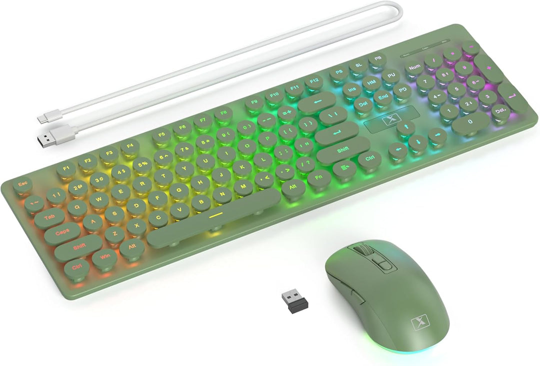 SOLIDEE Beleuchtetes Kabellose Tastatur und Maus Set, 2.4 GHz Wiederaufladbar, Grüne Retro Schreibma