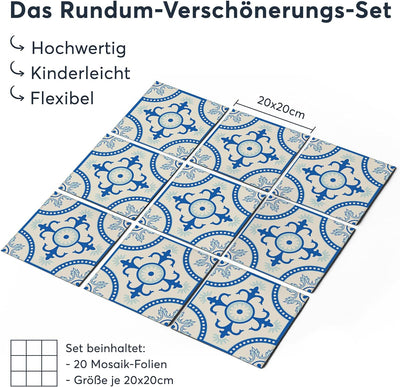 20 Stück Fliesenfolie für Bad und Küche 20x20 cm - Klebefliesen, Mosaikfliesen - Klebefolie Fliesen