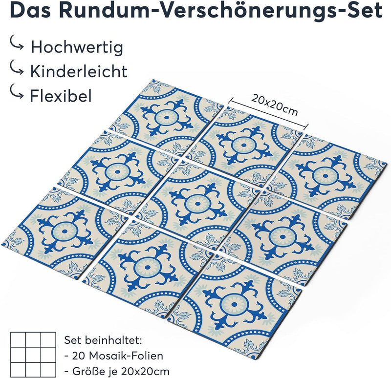 20 Stück Fliesenfolie für Bad und Küche 20x20 cm - Klebefliesen, Mosaikfliesen - Klebefolie Fliesen