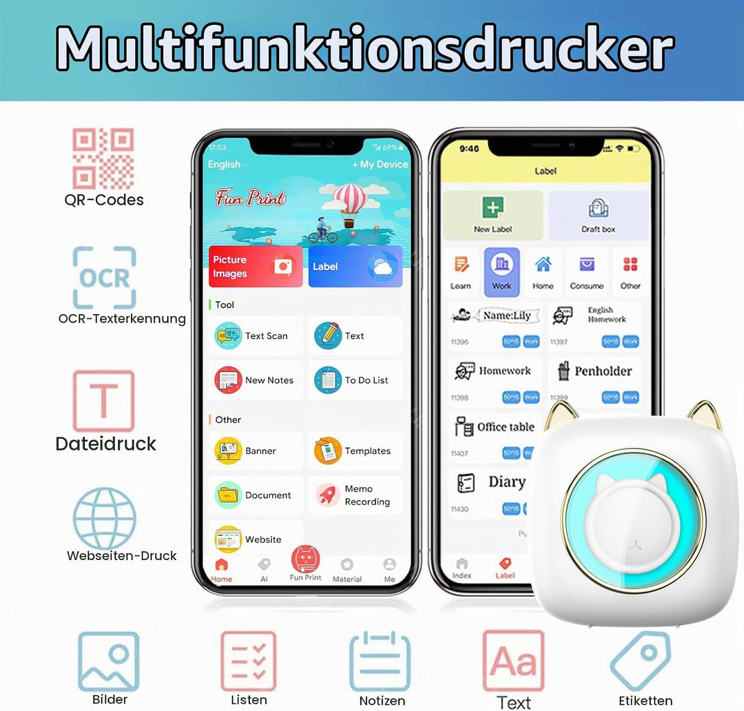 Mini Drucker, Tragbarer Mini Fotodrucker Thermodrucker Smartphone Taschendrucker, Wireless Bluetooth