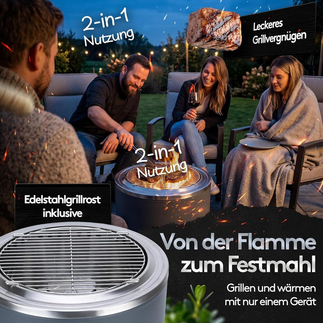 Rauchfreie Edelstahl Feuerschale Ø 56 cm| Raucharm Dank Turbo-Brenner | 2-in-1 Feuerstelle & Grill f