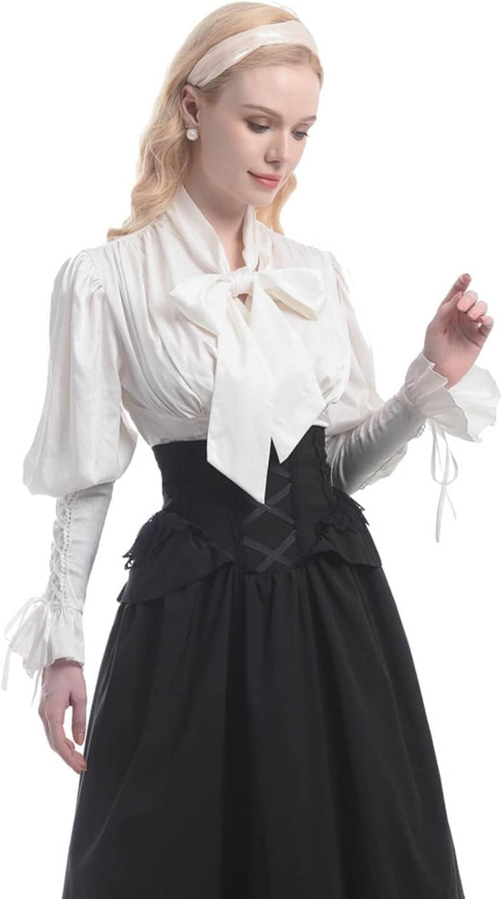 Damen Viktorianisch Bluse Vintage Schleifenhemd Stehkragen mit Ruff Langarmshirt Mittelalter Bluse 3