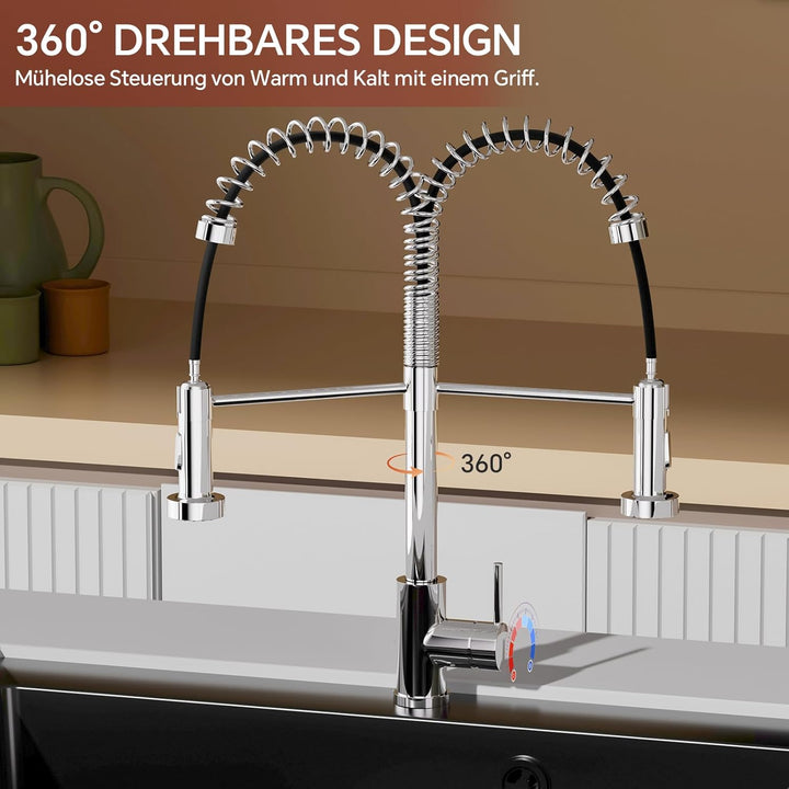 Spiralfeder Wasserhahn Ausziehbar, Hochdruck Küchenarmatur mit Brause, mit 2 Strahlarten, 360° Drehb