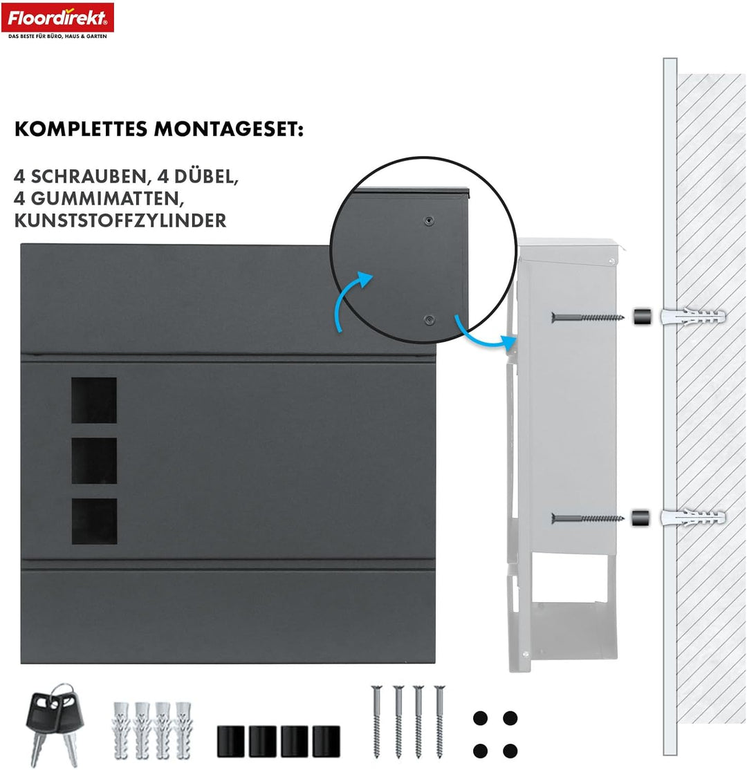 Floordirekt Moderner Briefkasten, mit Zeitungshalter, Deckel, abschliessbar mit Sichtfenstern und Ze