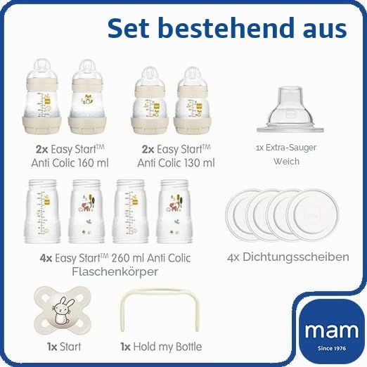 MAM Babyflasche Set mit 8 Anti-Kolik-Flaschen, 1 Original Start-Schnuller, 1 extra weicher Schnabel