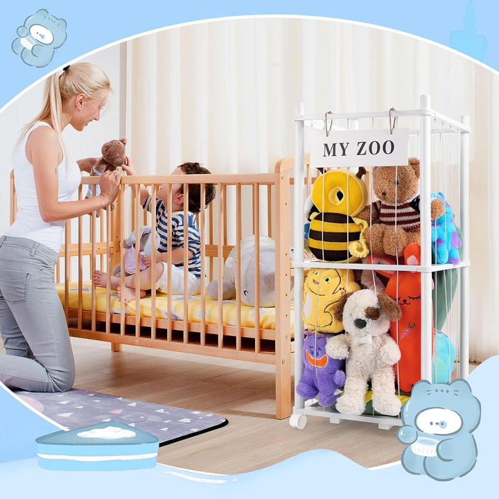 Massivholz Kuscheltier Aufbewahrung mit 360° Rollen & Bremse – inkl. Baumwollnetz, Plüschtier Organi