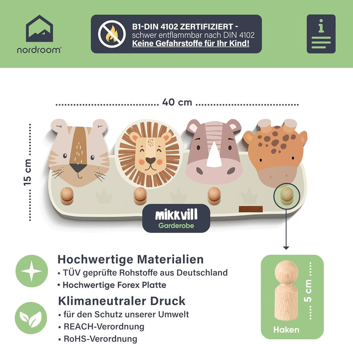Kindergardroben mit 4 Haken - Wandgarderobe mit Tiermotiven für Kinderzimmer - Garderobenhaken aus H