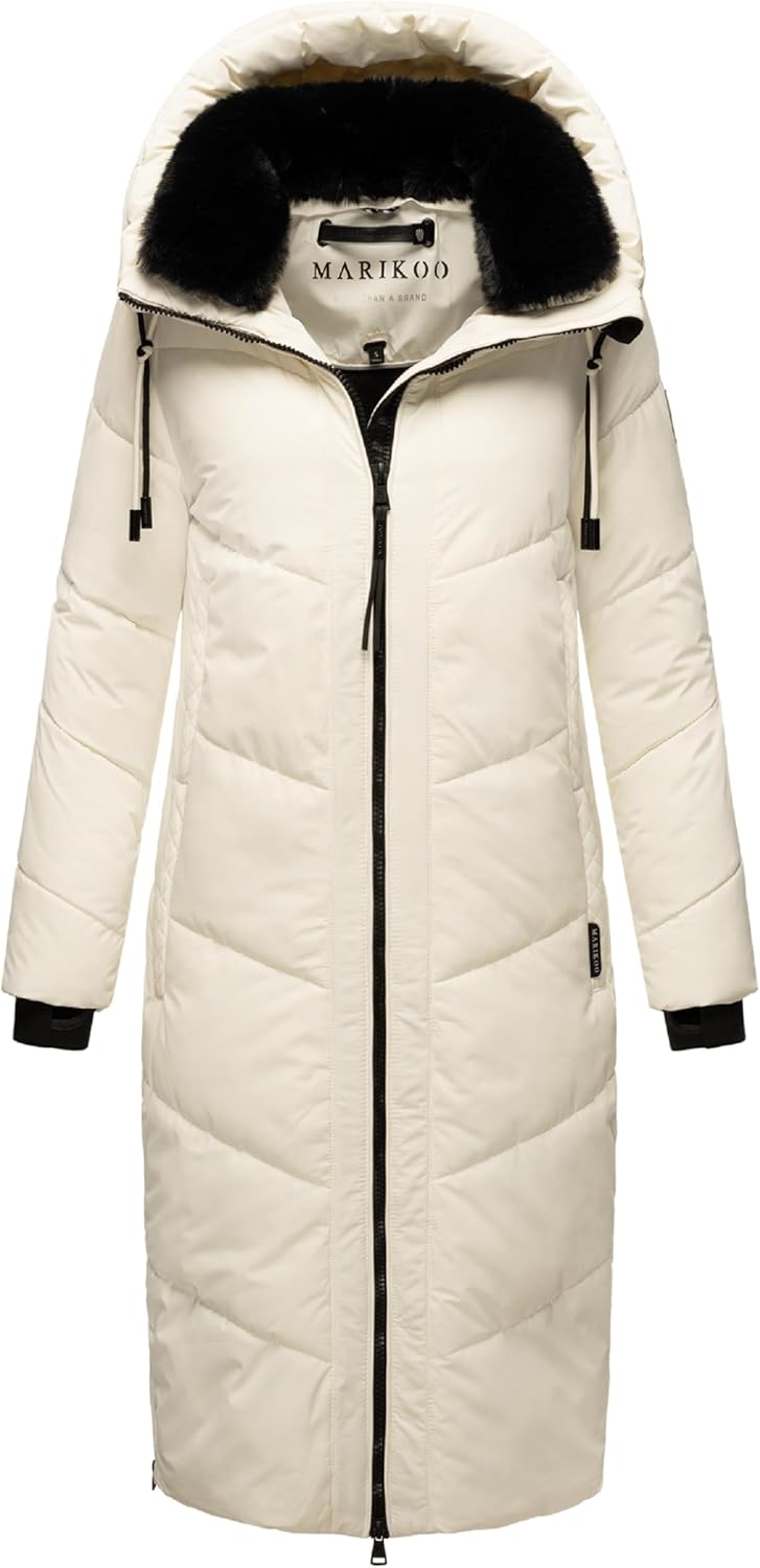 MARIKOO Damen Wintermantel Warmer Steppmantel lang mit Verstellbarer Kapuze und hohem Kragen Nadaree