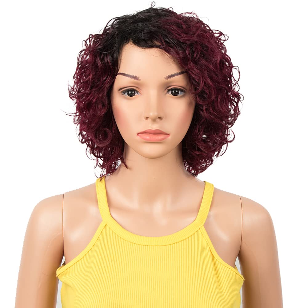 DÉBUT Kurze Bob Perücke mit Air Bangs Kurze lockige gewellte Echthaar Bob Perücke für Damen 25 cm 12