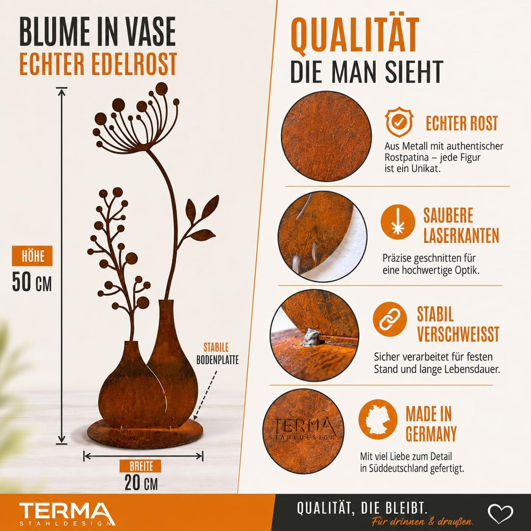 Terma Stahldesign Rost Figur Blume in Vase 50cm Pusteblume Gartendeko für draussen und drinnen Garte