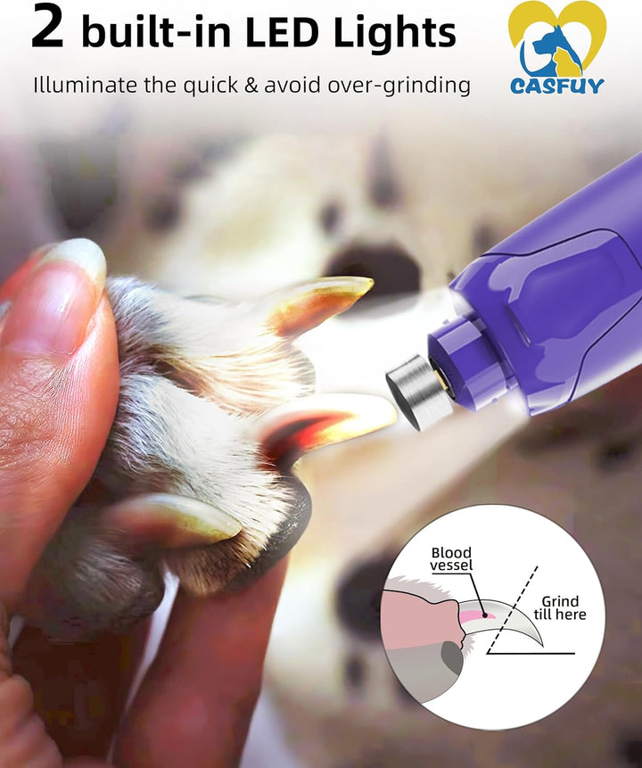 Casfuy Krallenschleifer für Hunde - (45 dB) 6-Gang-Haustier-Krallenschleifer mit 2 LED-Lichtern für