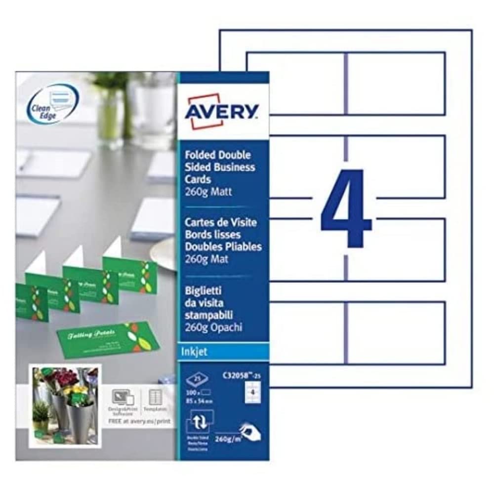 Avery Quick&Clean C32058-25 Faltvisitenkarten, für Tintenstrahldrucker, 260 g/m², 170 x 54 mm, Mattw