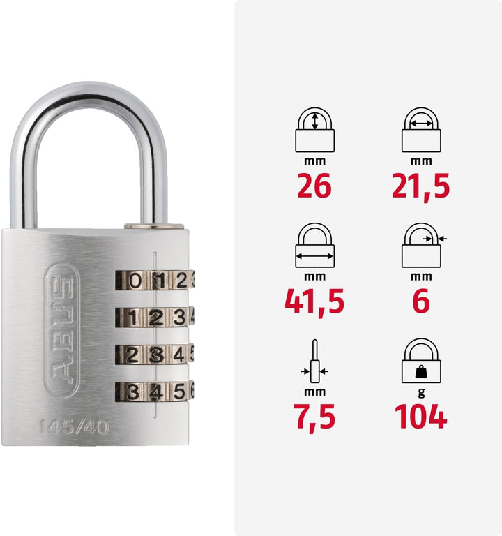 ABUS Zahlenschloss 145/40 Silber - Kofferschloss, Spindschloss u. v. m. - Aluminium-Vorhängeschloss