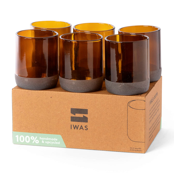 IWAS Upcycled Auburn Trinkgläser | 250ml | 8oz | 6er Set | Nachhaltige Wassergläser | Umweltfreundli