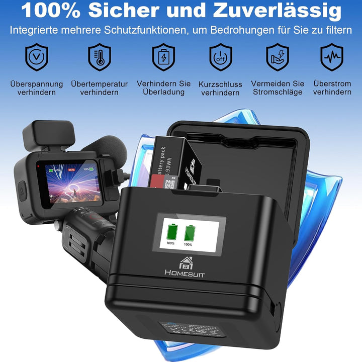 Homesuit Hero 12 11 10 9 Akku Enduro 1800mAh und 3-Kanal LCD USB Ladegerät 2er-Pack (HERO12Black/HER