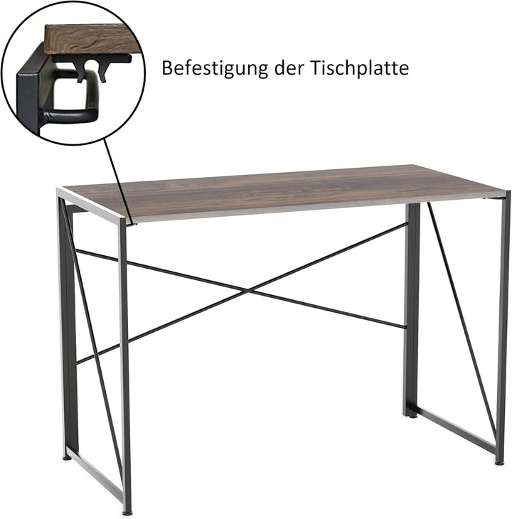 INTIRILIFE Schreibtisch aus Holz und Metall in Schwarz - Braun - 100 x 50 x 75 cm - Rustikaler Faltb