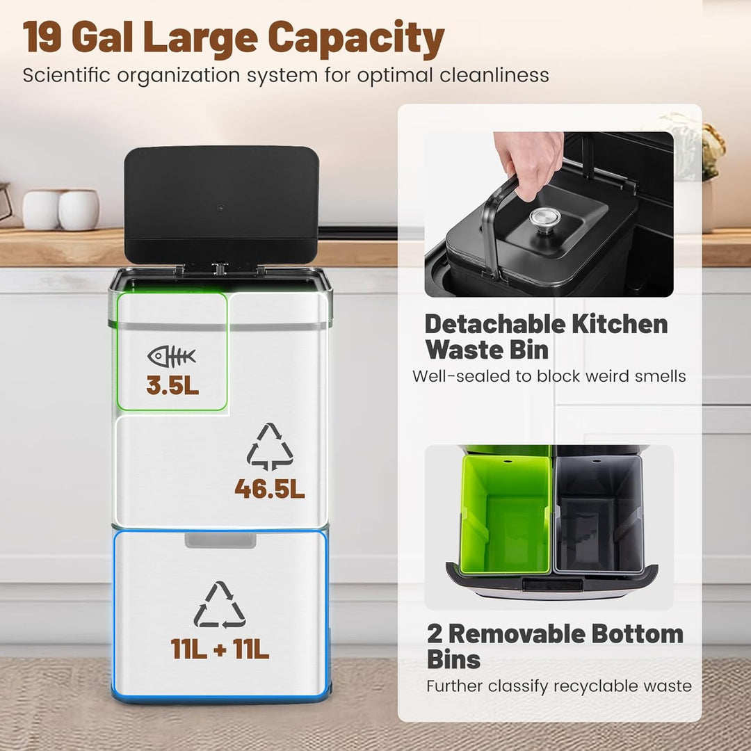 FANTASK 72L Mülleimer Küche, 4 Fächer Edelstahl Bin mit Sensor, Automatisch Abfalleimer mit Softclos
